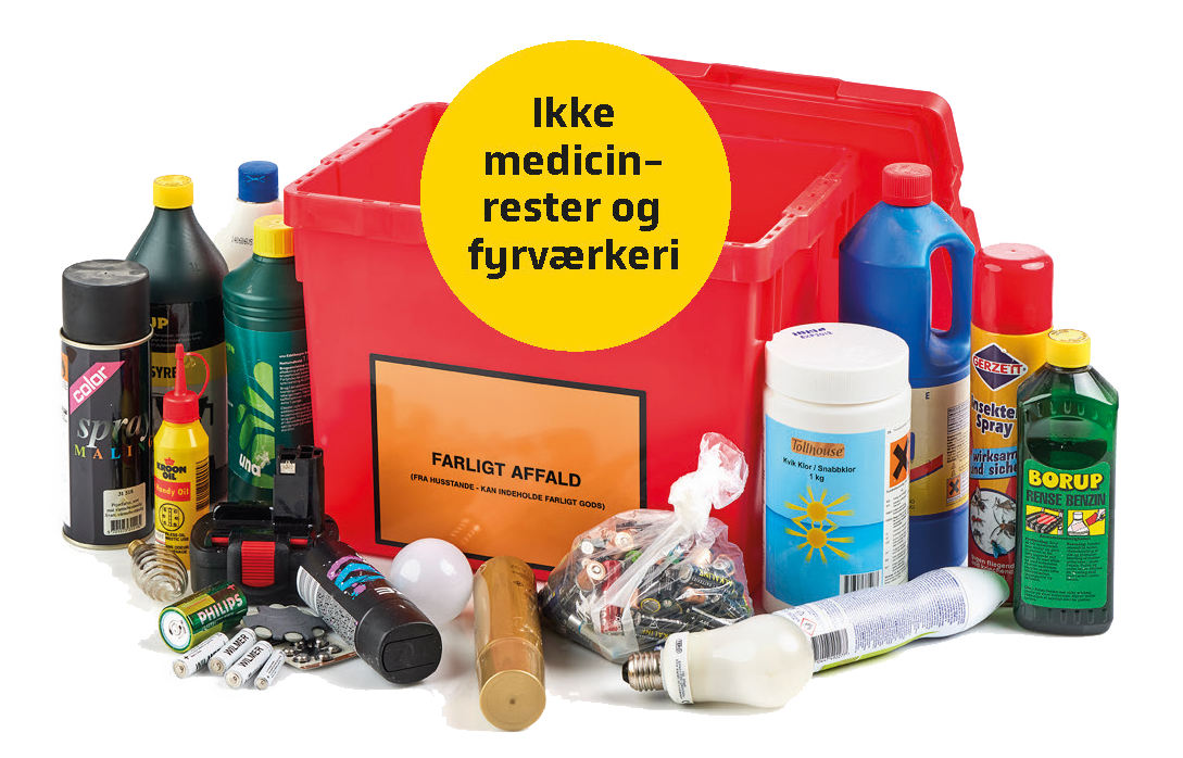 Miljøkasse med farligt affald rundt om